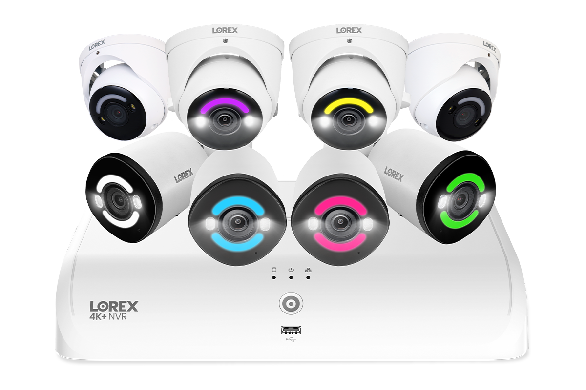 Lorex 4K+ Fusion Wired NVR System with 4 Bullet and 4 Dome IP Cameras Featuring 12MP Ultra HD and Smart Security Lighting