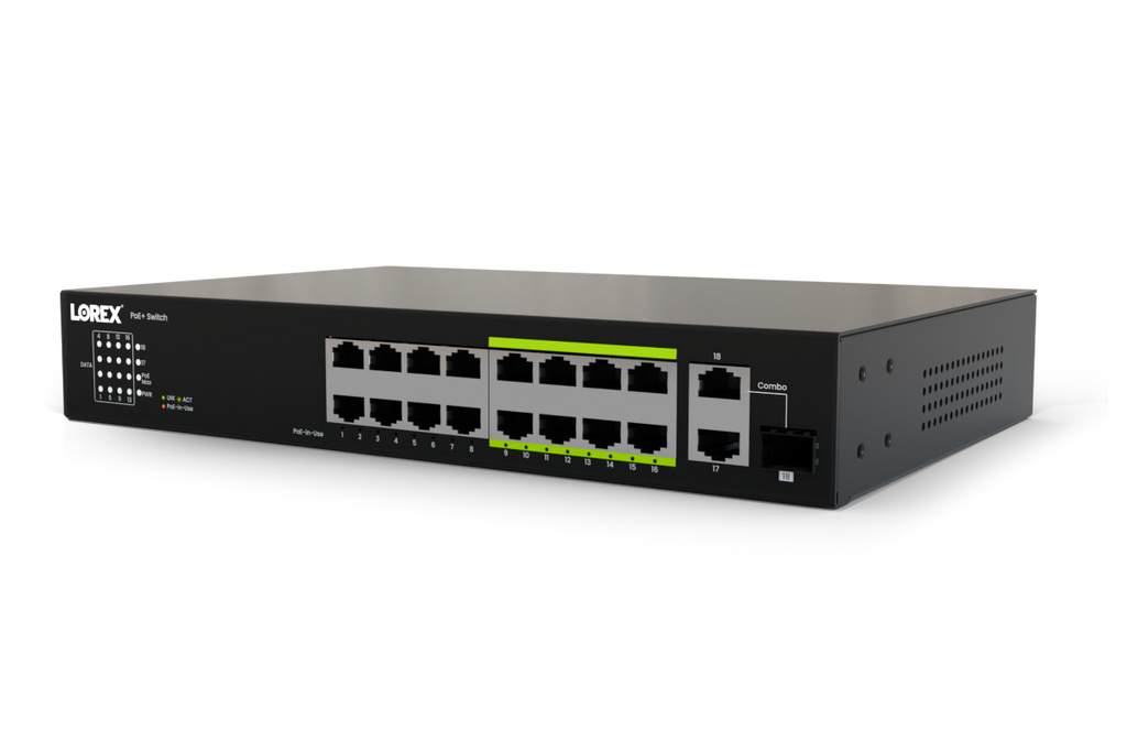 Lorex 16-Port Unmanaged Switch (8-port ePoE and 8-port PoE+) and 250W Power Budget