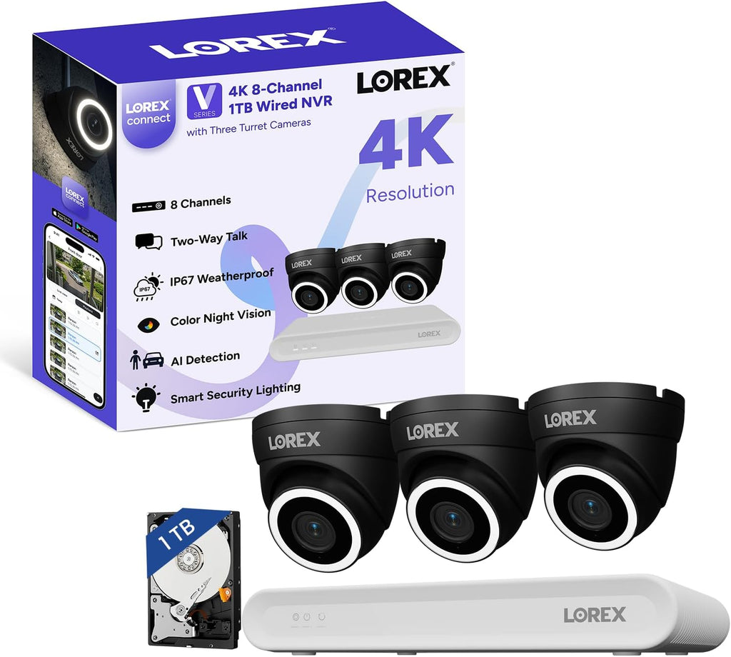 Lorex Connect (New App) | V-Series | 8Ch 4K NVR System | 3 Black IP PoE Cameras