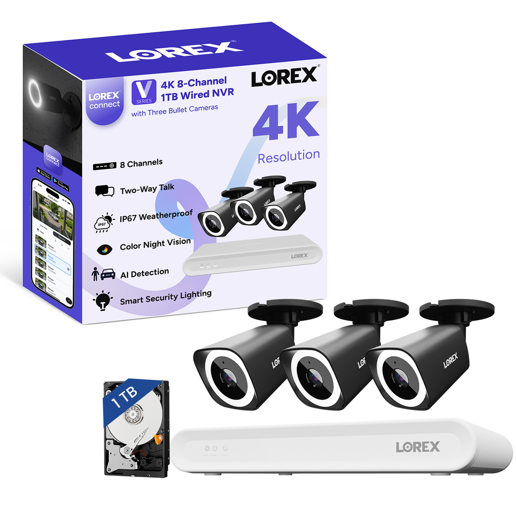 Lorex Connect (New App) | V-Series | 8Ch 4K NVR System | 3 Black IP PoE Cameras