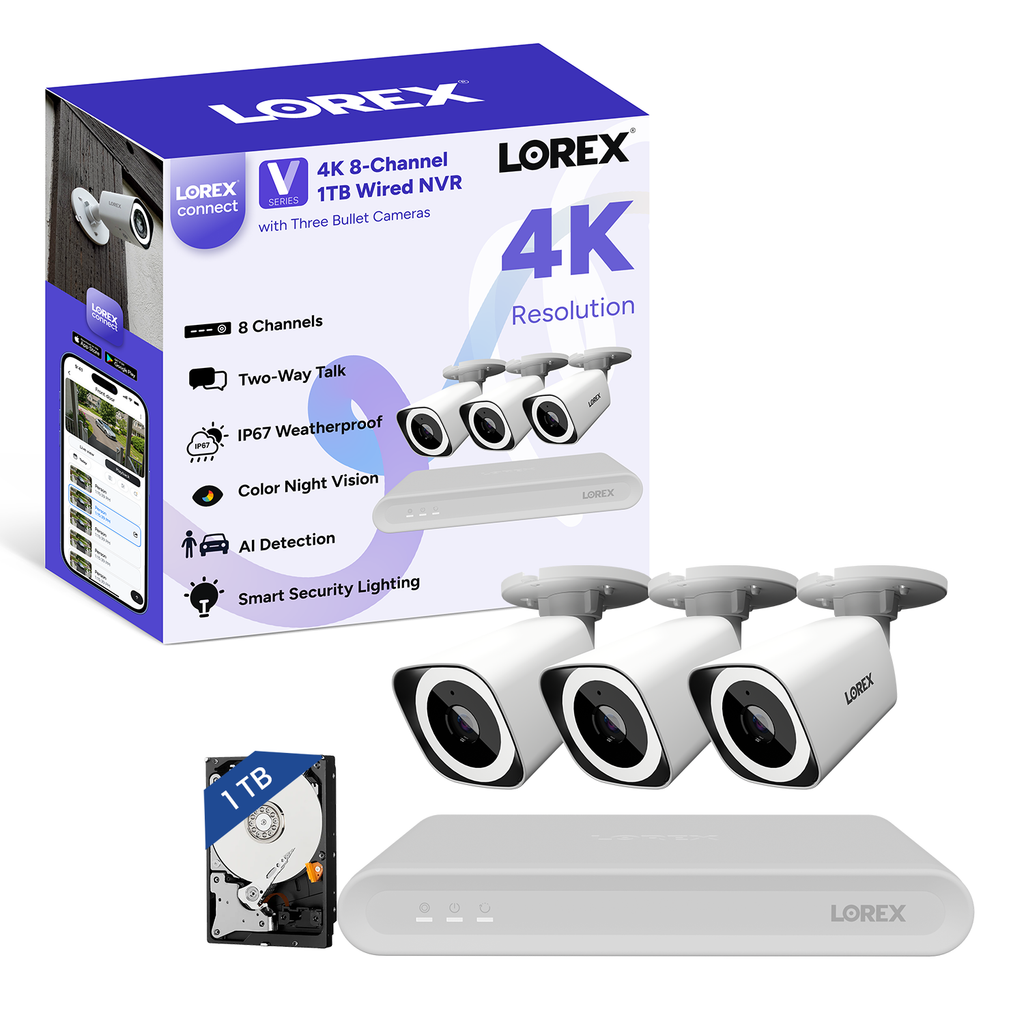 Lorex Connect (New App) | V-Series | 8Ch 4K NVR System | 3 Black IP PoE Cameras