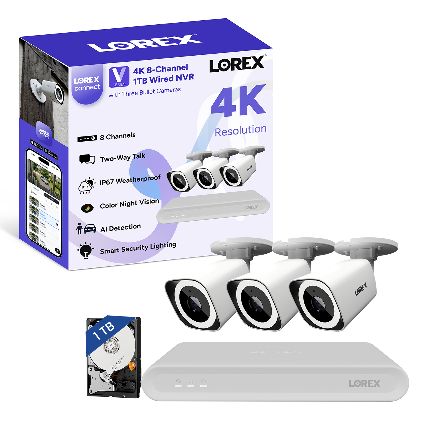 Lorex Connect (New App) | V-Series | 8Ch 4K NVR System | 3 Black IP PoE Cameras