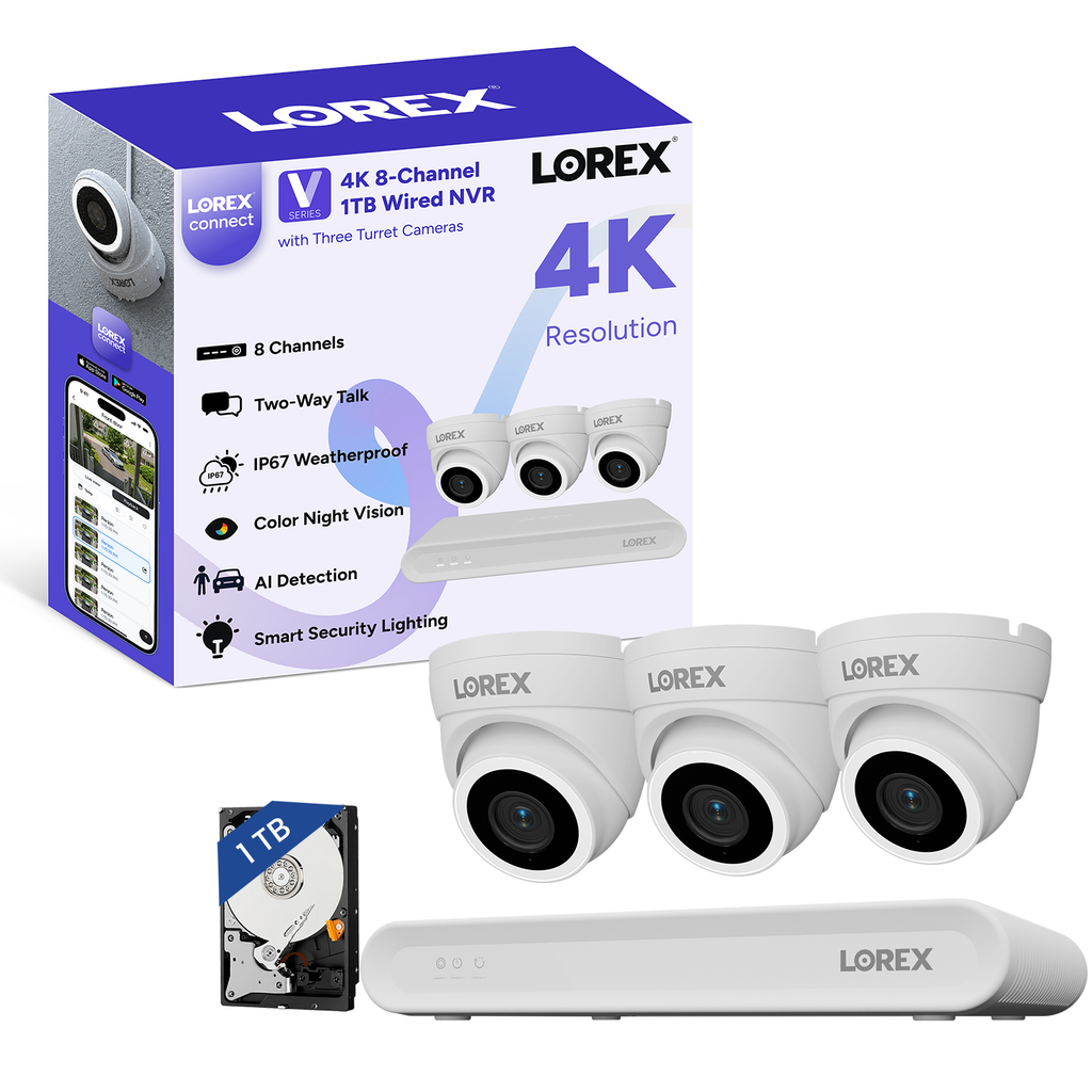 Lorex Connect (New App) | V-Series | 8Ch 4K NVR System | 3 Black IP PoE Cameras