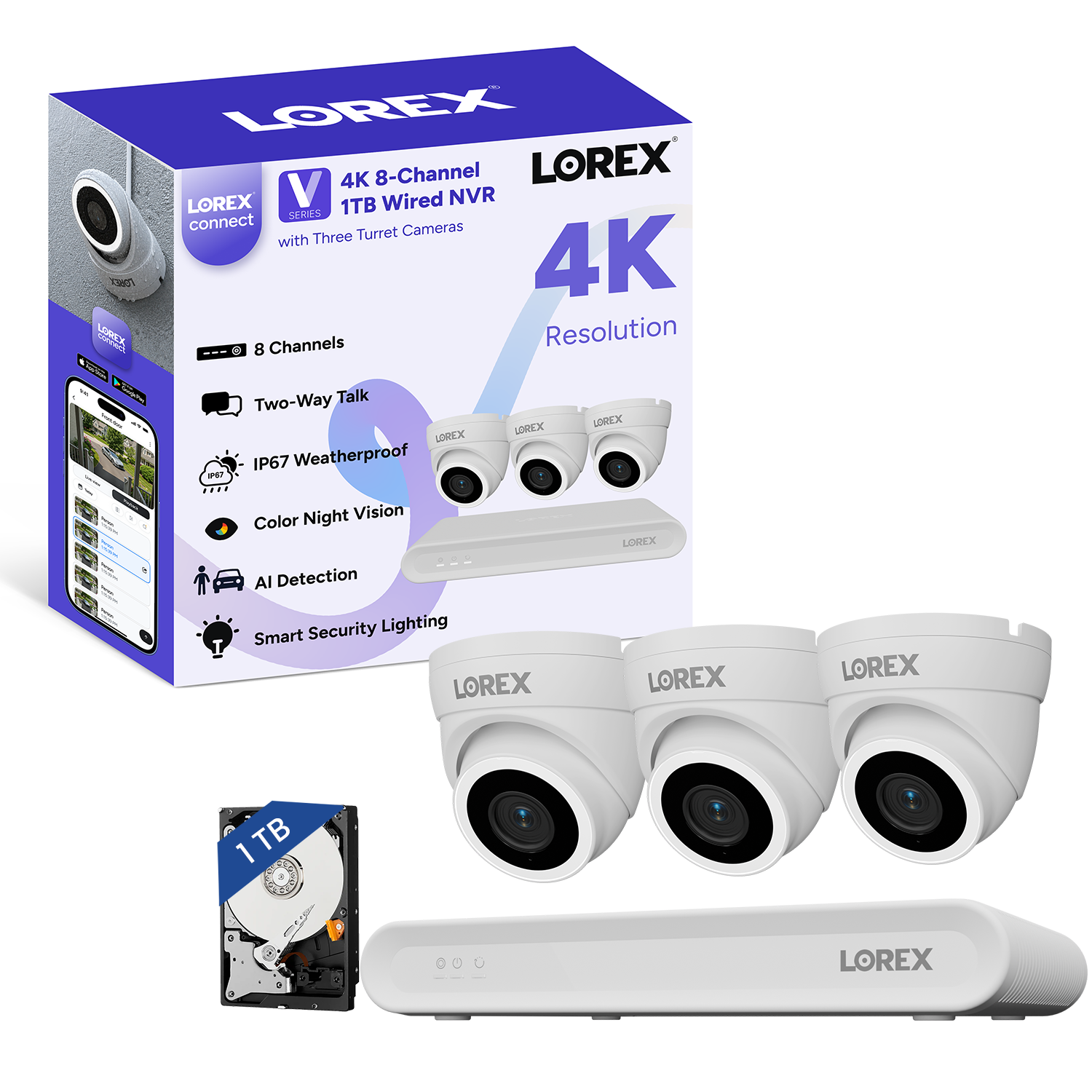 Lorex Connect (New App) | V-Series | 8Ch 4K NVR System | 3 Black IP PoE Cameras